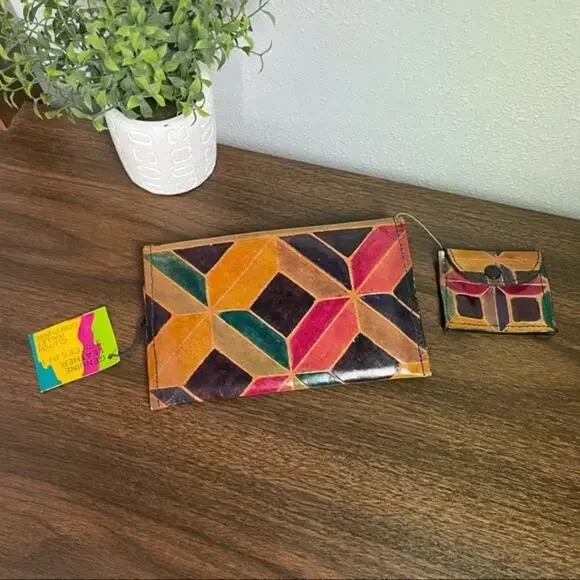 Mediterranean trading co geometric leather wallet and coin pouch two piece set - Picture 6 of 11